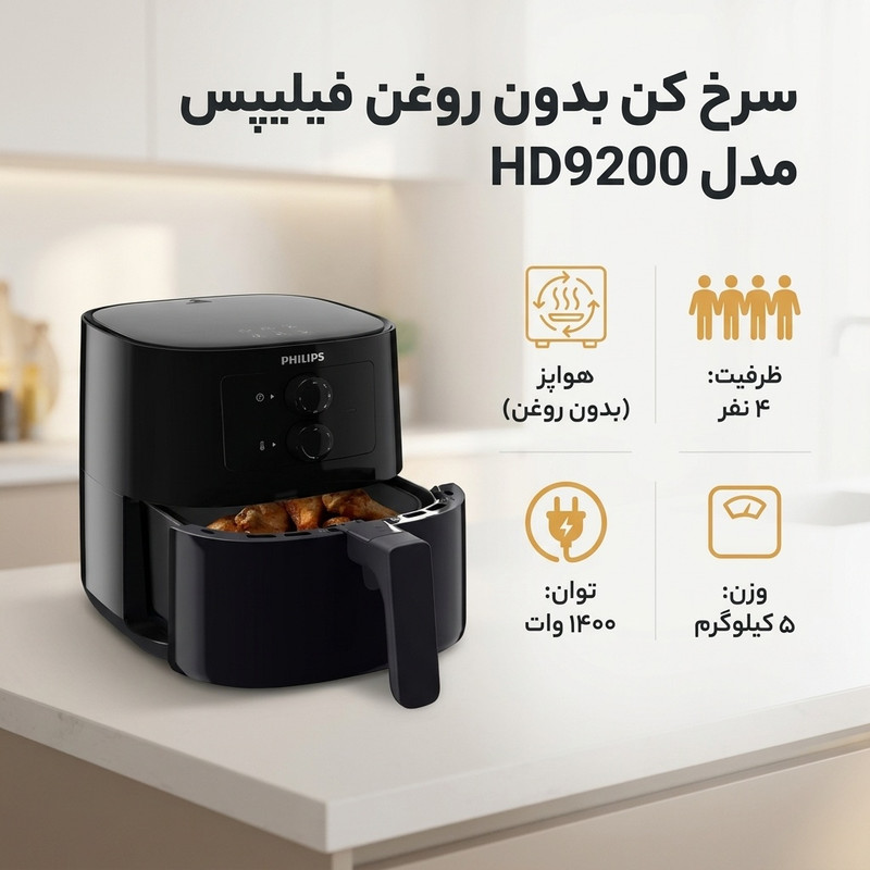 هواپز 4.1 لیتری فیلیپس HD9200 با 7 برنامه پخت، توان 1400 وات و سیستم قطع خودکار