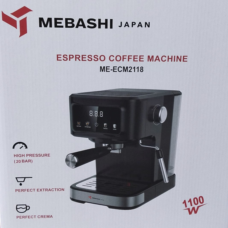 اسپرسوساز خانگی مباشی مدل ME-ECM2118 با ظرفیت مخزن آب 1500 میلیلیتر، نیمه اتوماتیک با مصرف پودر قهوه، فشار بخار 20 بار و تنظیم میزان بخاردهی