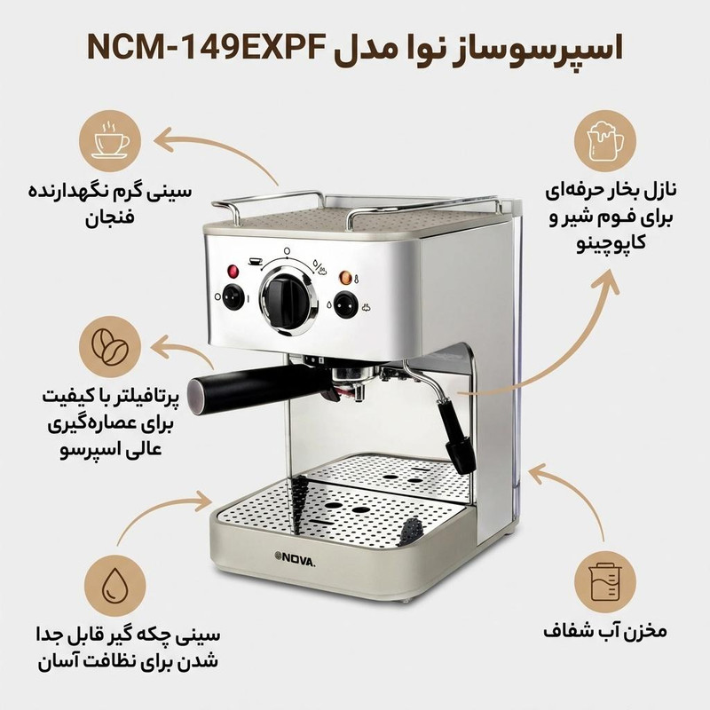 اسپرسوساز خانگی نوا مدل NCM-149 با مخزن آب 1.2 لیتر، مصرف پودر قهوه، فشار بخار 15 بار، 1 نازل قهوه و نازل بخار دستی