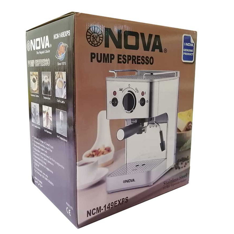 اسپرسوساز خانگی نوا مدل NCM-149 با مخزن آب 1.2 لیتر، مصرف پودر قهوه، فشار بخار 15 بار، 1 نازل قهوه و نازل بخار دستی